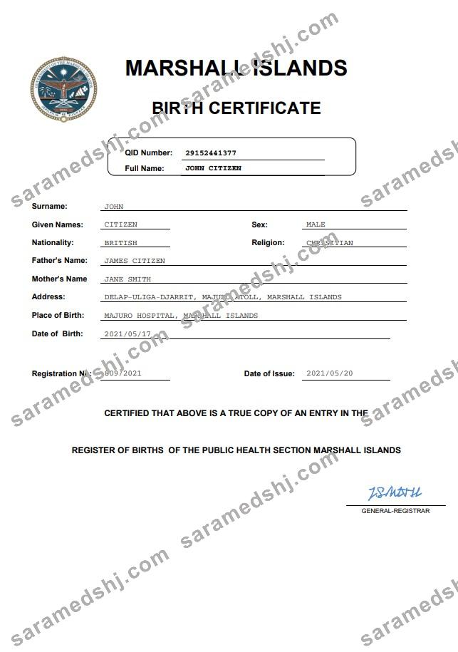 Marshall Islands vital record birth certificate Word and PDF template